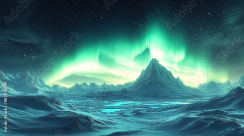 The Aurora Borealis above an icy Arctic landscape, glowing neon green waves in the night sky, sci-fi aesthetic, highly detailed digital art, futuristic touch