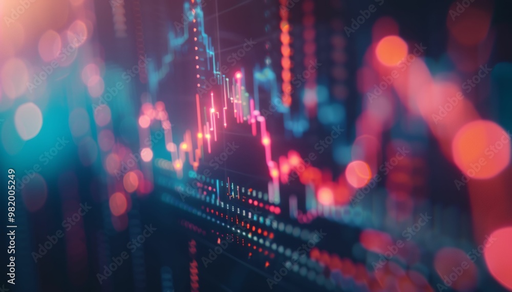 Fototapeta premium Glowing red and blue stock market graph with blurred bokeh lights in the background