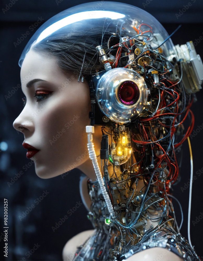 Fototapeta premium profile Photography, in front of a black wall, a cyborg woman head without body, connected by cables and wires and LED, an attractive transparent white plexiglass body punk PLC Robots with silver moto