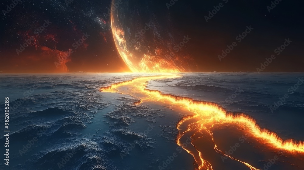 High-altitude view of a mysterious alien planet, with molten glowing rivers cutting through crystalline valleys, under an atmosphere filled with rings of colorful gas High-altitude view of a mysterious alien planet, with molten glowing rivers cutting through crystalline valleys, under an atmosphere filled with rings of colorful gas