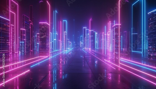 Futuristic cityscape with glowing neon lights reflecting on wet pavement