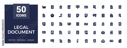 Legal document filled icon set. Containing contract, agreement, passport, id card glyph icons set for web and ui. Solid icon set. Vector illustration.