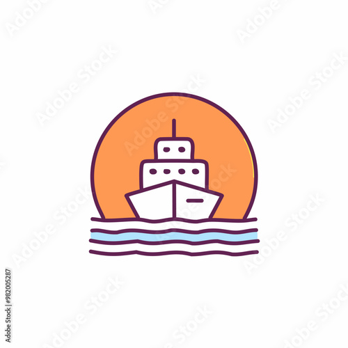 Abstract colorful ship and orange sky after sundown in the middle of sea vector art illustration icon design. Icon concept vector design