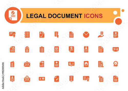 Legal document filled icon set. Containing contract, agreement, passport, id card glyph icons set for web and ui. Solid icon set. Vector illustration.