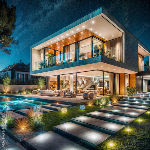 Modern villa with colored led lights at night