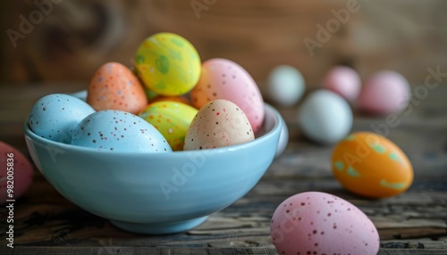 Colorful Easter eggs in a blue bowl on a wooden table