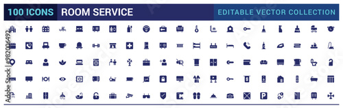 Room service icon set. Hospitality symbol, room, service, booking, filled icon set, solid icons set. Glyph icons for web and ui. Editable vector illustration.