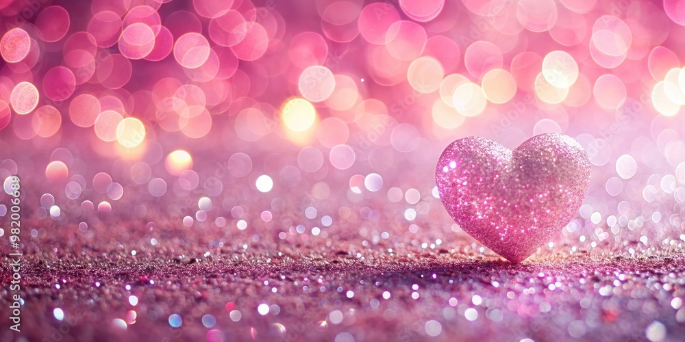 Fototapeta premium Heart-shaped glitter and bokeh light on pink sweet background, panorama, heart, glitter, bokeh, light, pink, sweet