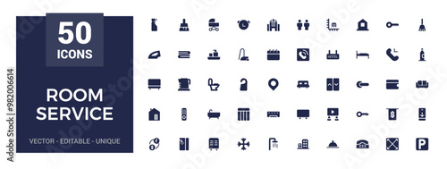 Room service icon set. Hospitality symbol, room, service, booking, filled icon set, solid icons set. Glyph icons for web and ui. Editable vector illustration.