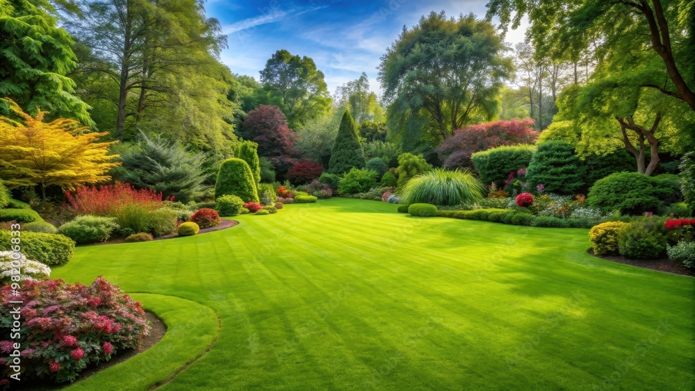 Fototapeta premium Fresh green grass lawn in a beautiful garden setting, lush, vibrant, nature, outdoors, landscape, tranquil, serene
