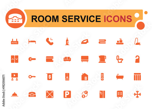 Room service icon set. Hospitality symbol, room, service, booking, filled icon set, solid icons set. Glyph icons for web and ui. Editable vector illustration.