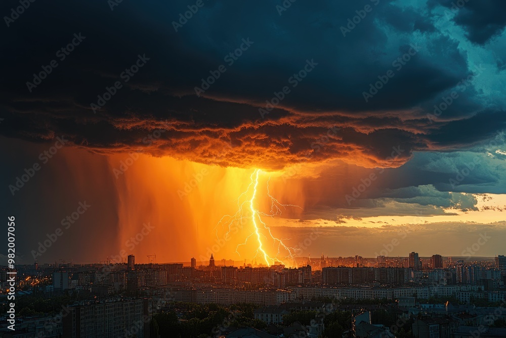 Fototapeta premium Dramatic lightning striking over a cityscape at sunset.