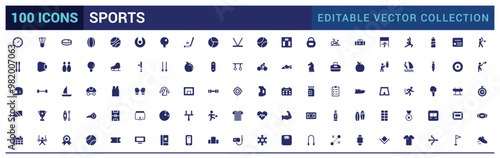 Sports icons set. Containing football, basketball, trophy, competition, medal, filled icon set, solid icon set. Glyph icons for web and ui. Editable vector illustration.