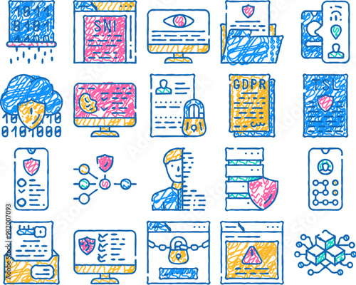 privacy policy protect doodle icons set vector. sketch line art biometric data protection and privacy police, digital portrait and encryption key color illustrations