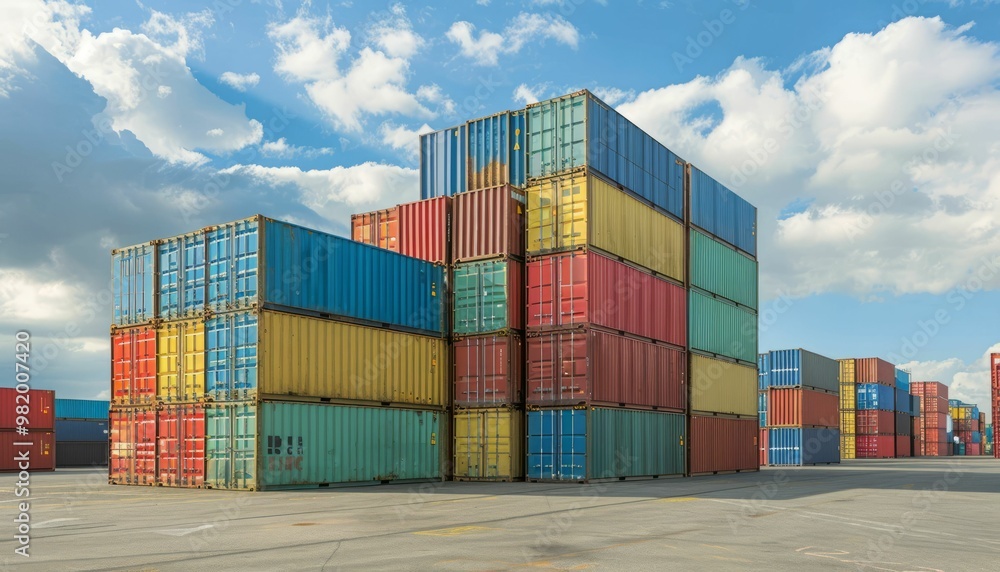 Colorful cargo containers stacked in rows at a shipping yard Colorful cargo containers stacked in rows at a shipping yard