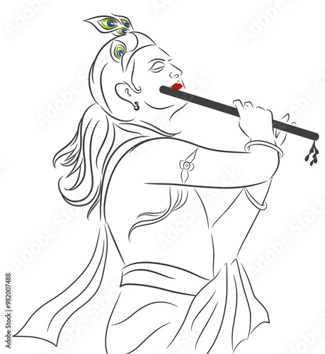 Obraz na płótnie Line art of Lord krishna with flute