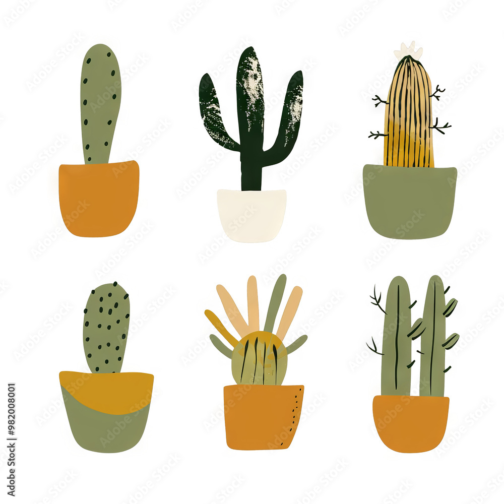 A collection of cute cactus plants in pots, illustrated in a colorful and abstract style. A collection of cute cactus plants in pots, illustrated in a colorful and abstract style.