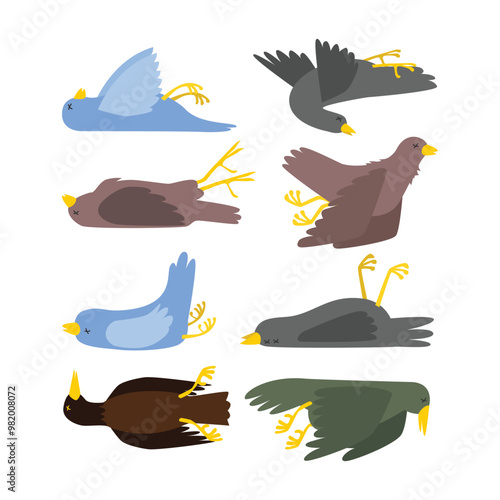 Set of dead bird collection, dying bird cartoon, Corpse of birds lying, poaching and illegal animal hunting icons, danger for safety of wildlife, isolated on white background, vector illustration.
