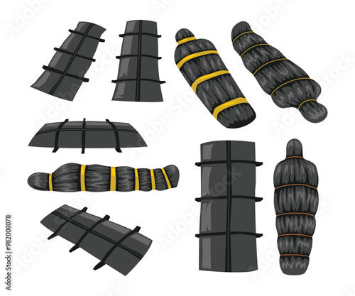 Set of dead body bag collection, dead body inside bag quarantine of infected patients coronavirus to the morgue, accident or murder investigation with various view, flat vector illustration.