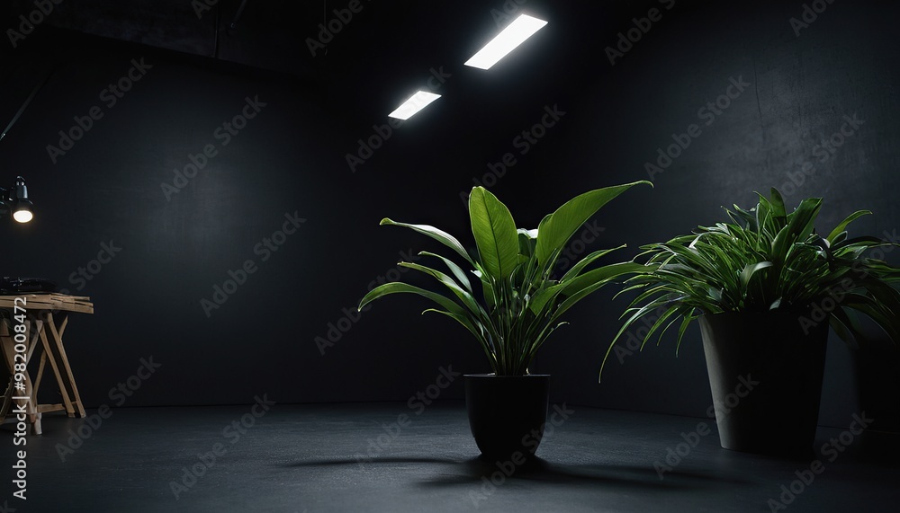 A black wall with a mirror, next to two black vases holding green flowers in a white vase 53 A black wall with a mirror, next to two black vases holding green flowers in a white vase 53