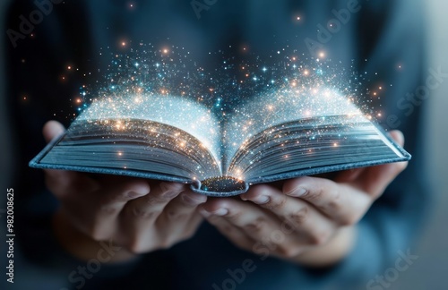 A person holding an open book icon on transparent glass with laptop screen in the background, representing online education and e Kens mode of learning for remote students