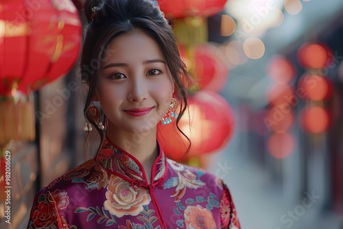 Portrait of a beautiful young woman in traditional Chinese dress smiling against a blurred background of red lanterns photo