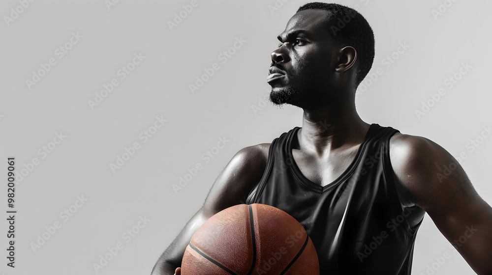 Focused Basketball Player Holding Ball Against White Gray Background Focused Basketball Player Holding Ball Against White Gray Background