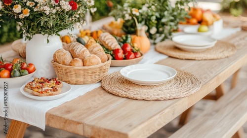Canvas Print A beautifully arranged outdoor dining table featuring fresh fruits, vegetables, baked goods, and floral centerpieces, perfect for a gathering or celebration