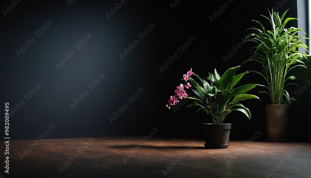 Fototapeta premium A black vase holds a green plant Table near black wall White flower on wall 70