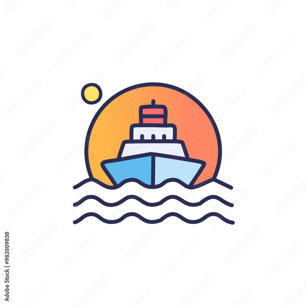 Obraz premium Abstract colorful ship and orange sky after sundown in the middle of sea vector art illustration icon design. Icon concept vector design