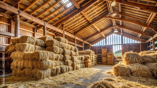 Dry hay stacks in rural wooden barn interior on the farm, hay, stacks, rural, wooden, barn, interior, farm, agriculture, storage