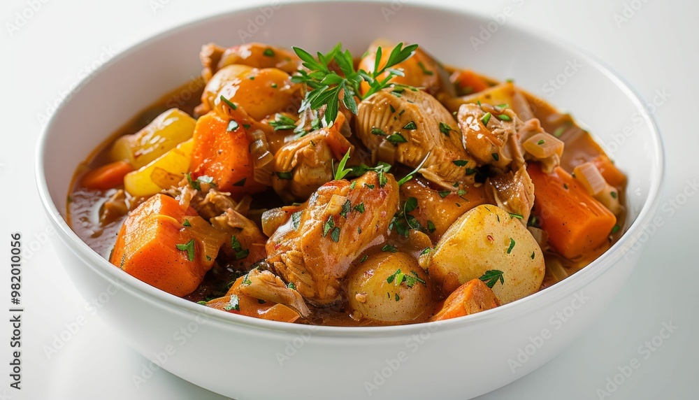 Hearty chicken stew with vegetables in a white bowl Hearty chicken stew with vegetables in a white bowl
