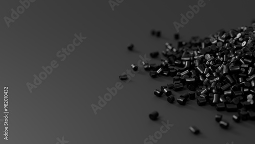 Konstfotografi Closeup side view on black plastic polypropylene granules heap on black backdrop with shallow DOF, masterbatch polymer grain pile