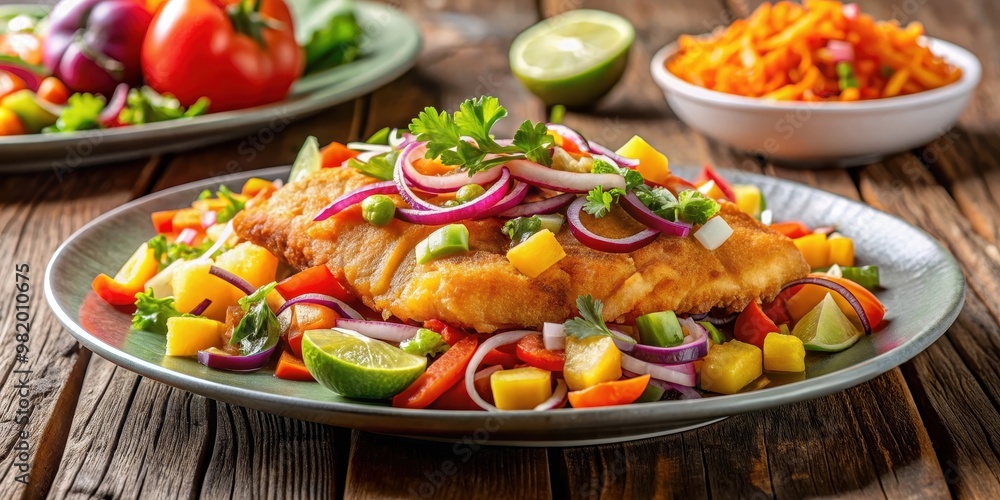 Chicharron fish topped with colorful vegetable salad, traditional Peruvian dish, Chicharron, fish, vegetable, salad Chicharron fish topped with colorful vegetable salad, traditional Peruvian dish, Chicharron, fish, vegetable, salad