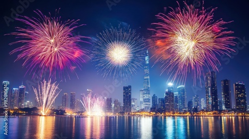 Fireworks Display Over City Skyline at Night