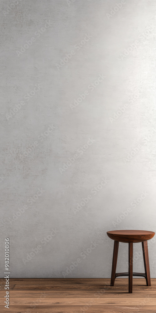 Simple wooden stool against a minimalist gray wall in a cozy indoor space with hardwood flooring Simple wooden stool against a minimalist gray wall in a cozy indoor space with hardwood flooring