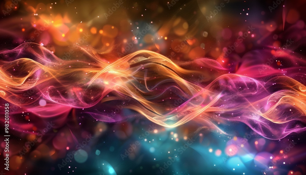 Glowing neon light waves with vibrant particles and colorful bokeh background Glowing neon light waves with vibrant particles and colorful bokeh background
