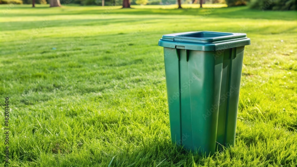 Green trash bin on grass, garbage, recycling, environment, waste, nature, clean, eco-friendly, litter, bin, disposal, plastic, metal Green trash bin on grass, garbage, recycling, environment, waste, nature, clean, eco-friendly, litter, bin, disposal, plastic, metal