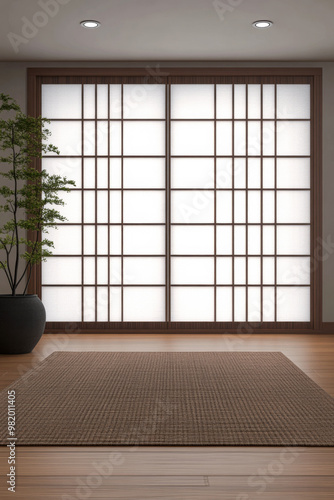 Tranquil entrance area featuring minimalist design, natural light, and indoor greenery in a modern space
