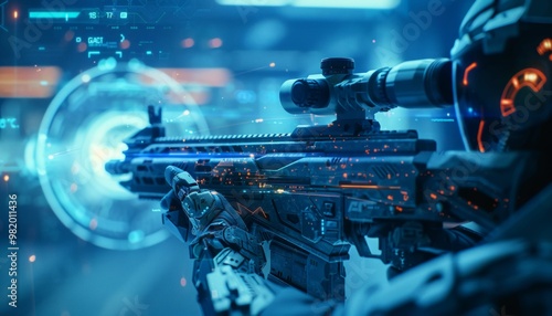 Futuristic soldier aiming assault rifle with digital scope in virtual reality simulation