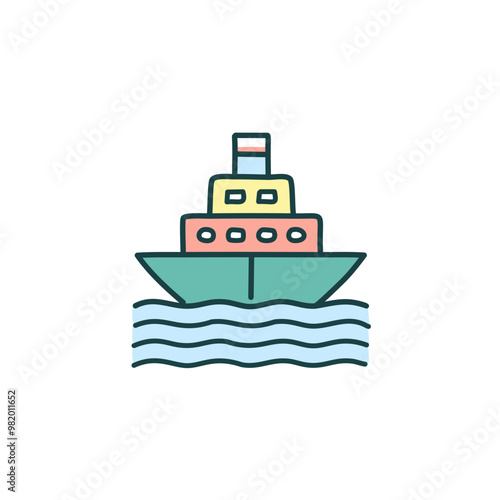 Abstract colorful ship and orange sky after sundown in the middle of sea vector art illustration icon design. Icon concept vector design