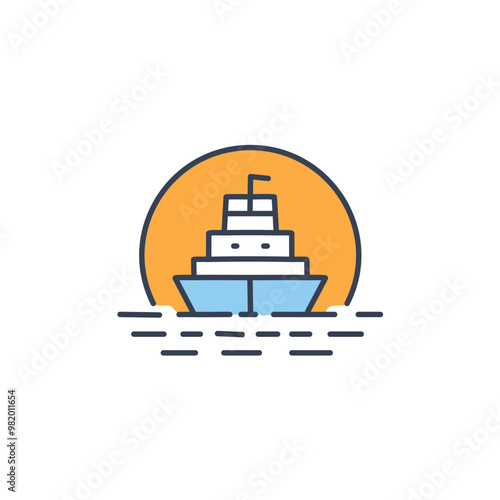 Abstract colorful ship and orange sky after sundown in the middle of sea vector art illustration icon design. Icon concept vector design