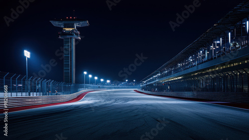 An empty Circuit of Americas at night showcases sleek design and vibrant lighting of racetrack, creating serene yet thrilling atmosphere photo