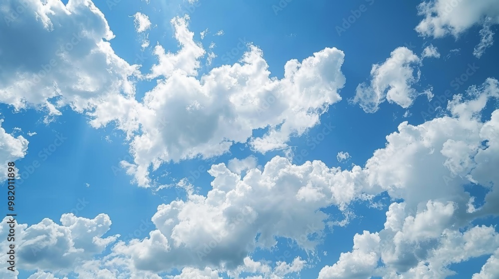 Blue sky with fluffy white clouds, sunny and serene. Blue sky with fluffy white clouds, sunny and serene.