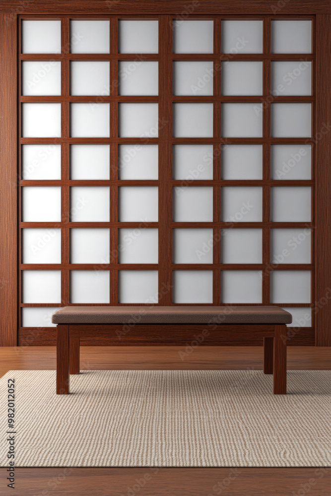 Minimalist wooden bench in a serene interior with a grid-patterned shoji screen during daylight Minimalist wooden bench in a serene interior with a grid-patterned shoji screen during daylight