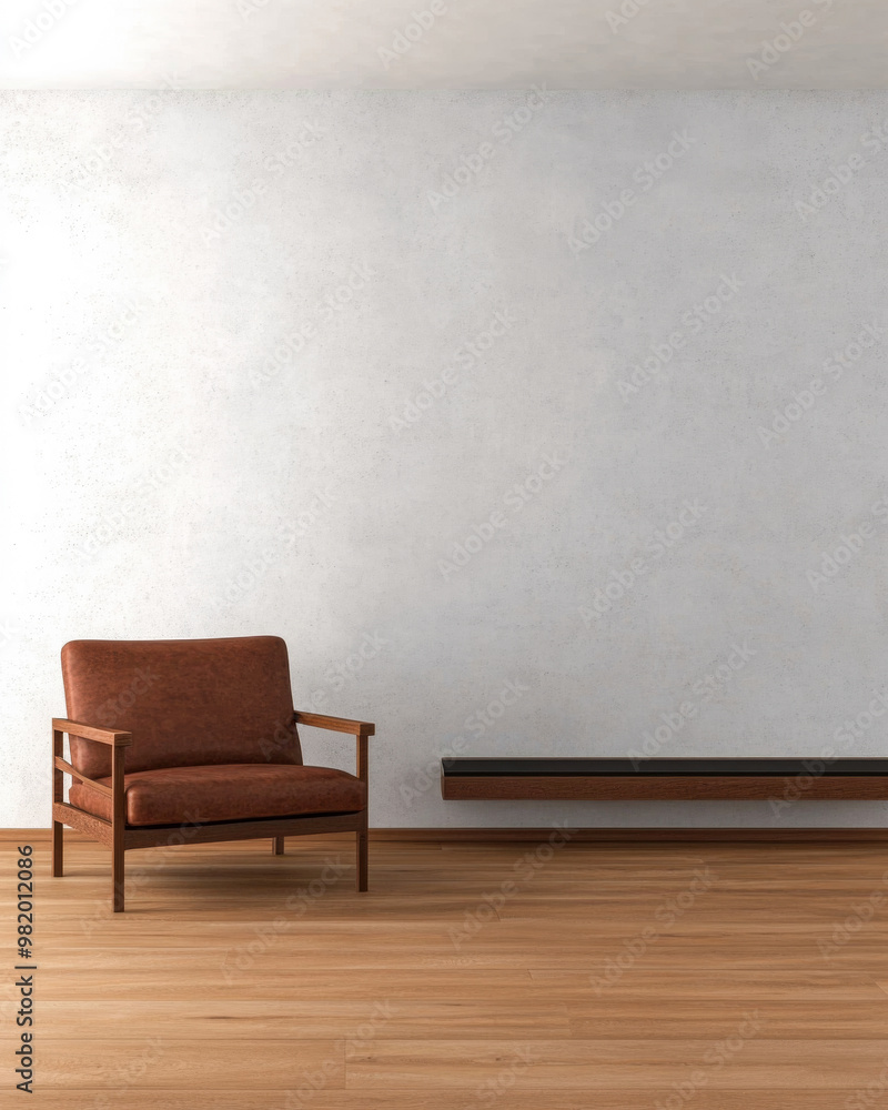Simple indoor setting featuring a brown armchair and a wooden shelf against a minimalist wall in a brightly lit space Simple indoor setting featuring a brown armchair and a wooden shelf against a minimalist wall in a brightly lit space