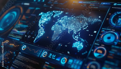 Wallpaper Mural Futuristic world map with glowing dots representing data analysis Torontodigital.ca