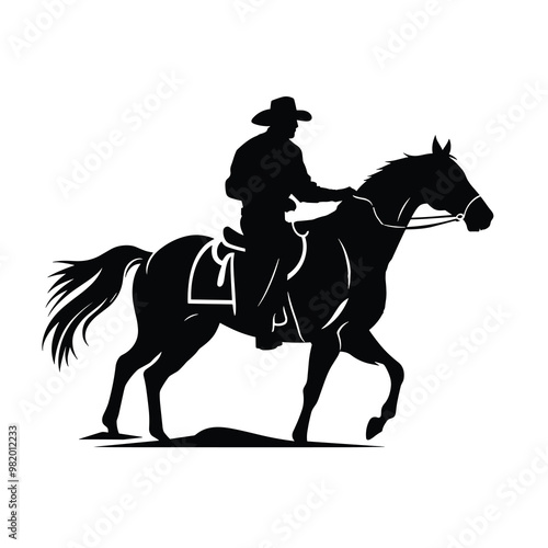 Silhouette of a cowboy riding a horse. Black and white vector illustration.