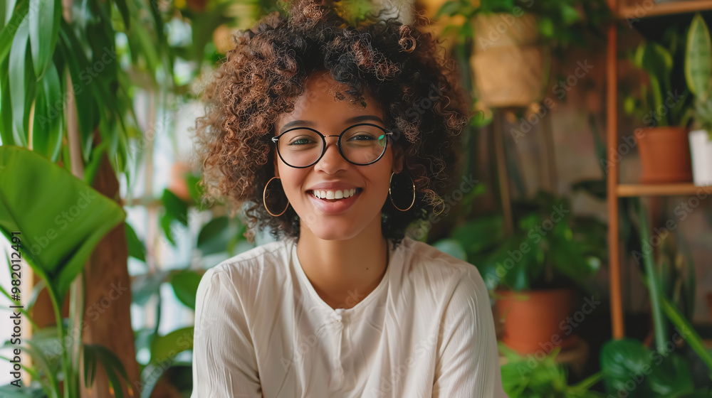 Young Woman with Curly Hair and Glasses Enthusiastically Participates in a Webinar from a Green Plant-Adorned Room Young Woman with Curly Hair and Glasses Enthusiastically Participates in a Webinar from a Green Plant-Adorned Room