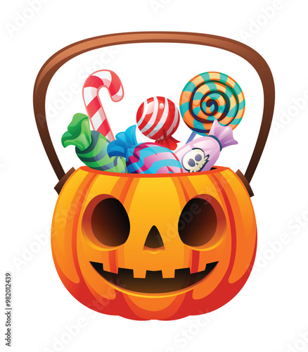 Halloween pumpkin candy bucket with carved face, filled with candies and treats. Vector cartoon illustration